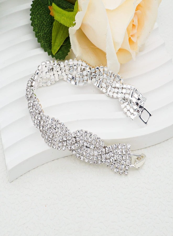 JSEA Womens Clear Rhinestones Braid Link Silver Tennis Bracelet Wedding Jewelry - Image 3