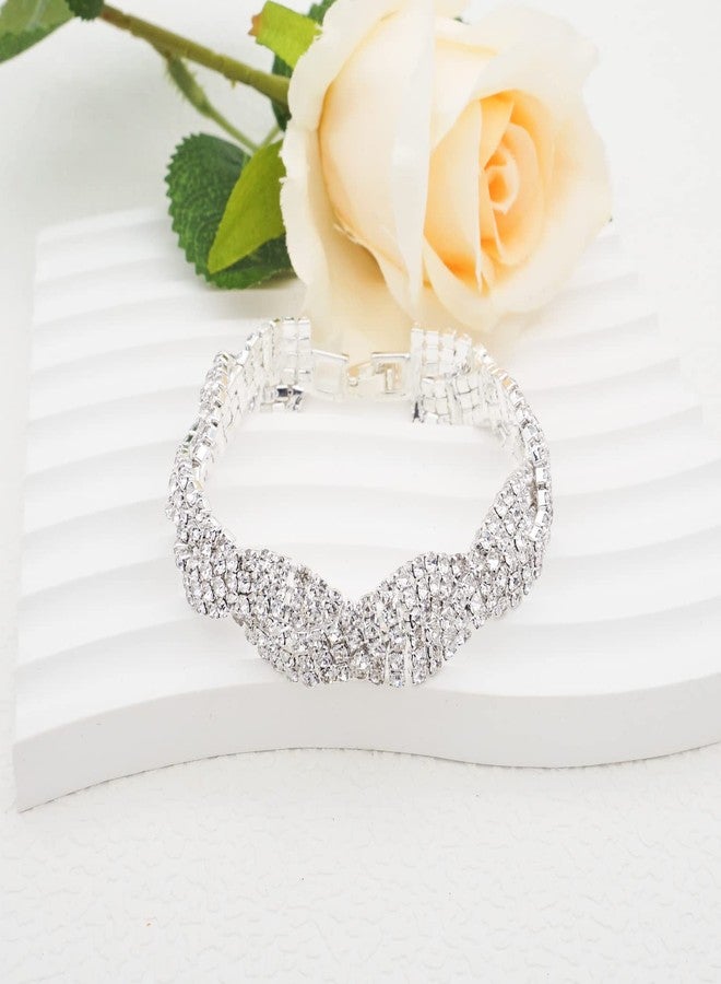 JSEA Womens Clear Rhinestones Braid Link Silver Tennis Bracelet Wedding Jewelry - Image 2