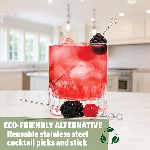 Zenlogy 5 inch Stainless Steel Picks (set of 8) and Swizzle Stick - Ideal Olive Skewers - Will Not Drown in Your Martinis, Cocktails, and Bloody Mary - Image 2