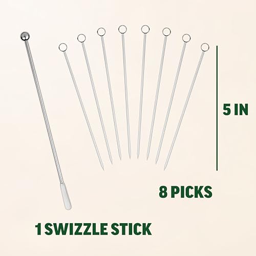 Zenlogy 5 inch Stainless Steel Picks (set of 8) and Swizzle Stick - Ideal Olive Skewers - Will Not Drown in Your Martinis, Cocktails, and Bloody Mary - Image 5