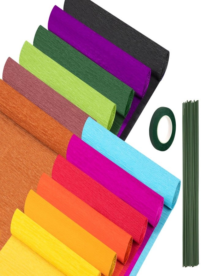 fuceury 12 Colors Crepe Paper Rolls, 10 x 98Inch Wide Crepe Paper Sheets with Floral Stem Wire and Green Floral Tapes for DIY Gift Wrapping Paper Crafts Birthday Wedding Holiday Paper Flower(Deep Colors) - Image 1