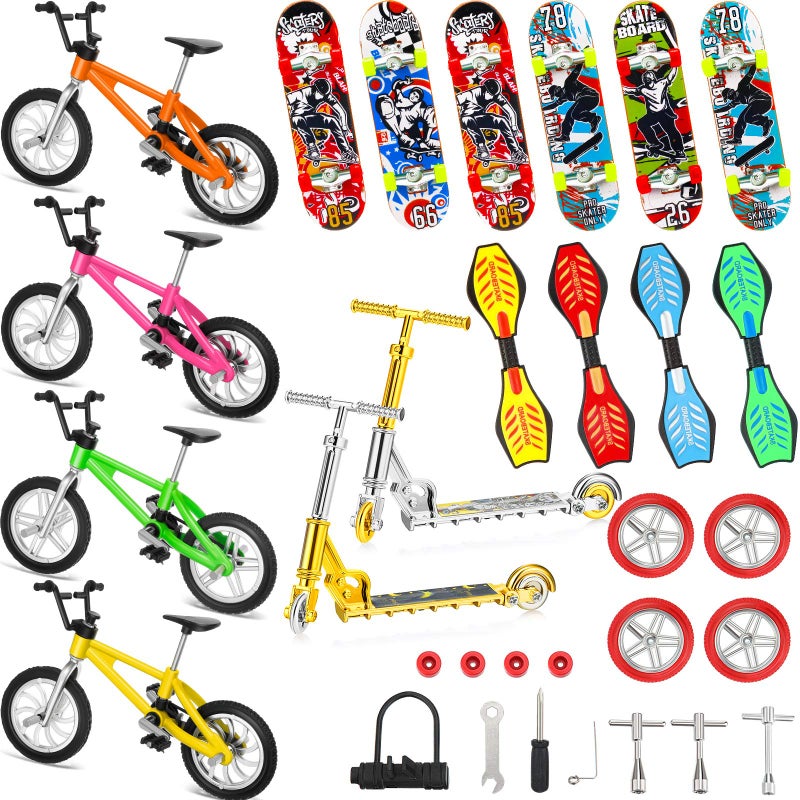 Skylety 31 Pieces Mini Finger Toys Set for Boy Girl Includes 6 Finger Skateboards, 4 Bikes, 2 Mini Scooters 4 Swing Board 8 Matched Wheels 7 Tool Accessories Educational Toy Party Favor(Cool) - Image 1