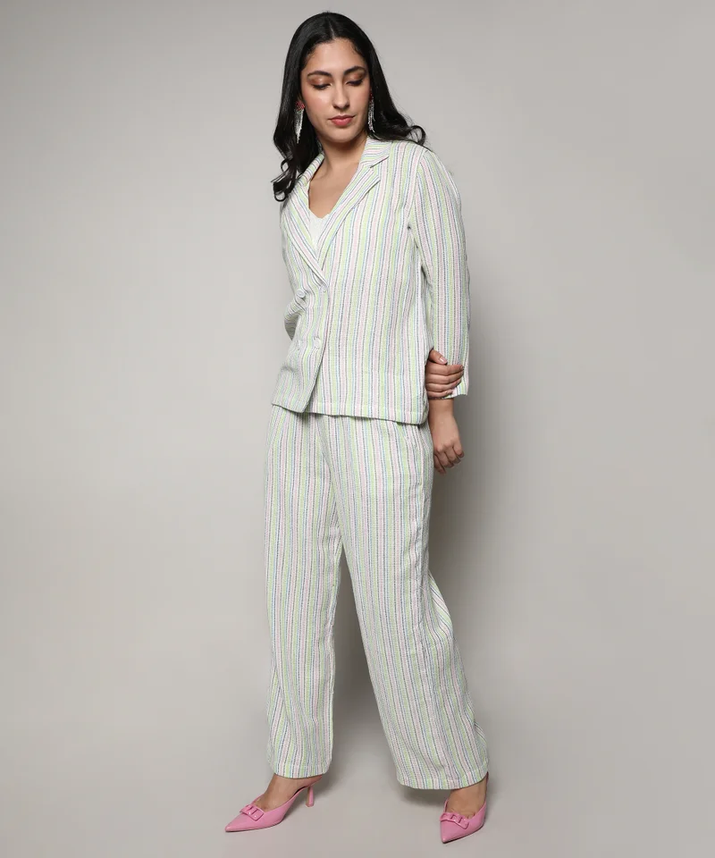 Pinacolada  Women's Green & Pink Unbalanced Striped Double-Breasted Co-Ord Set For Casual Wear | Lapel Collar | Long Sleeve | Button Closure | Co-Ords Crafted With Comfort Fit For Everyday Wear for Women | Best Price UAE