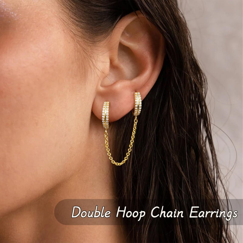 Poxtex Gold Chain Huggie Hoop Earrings for Women, Double Piercing Hoop Stud Dangle Chain Earring, Dainty Small Long Jewelry Set Fashion Gifts for Women - Image 2