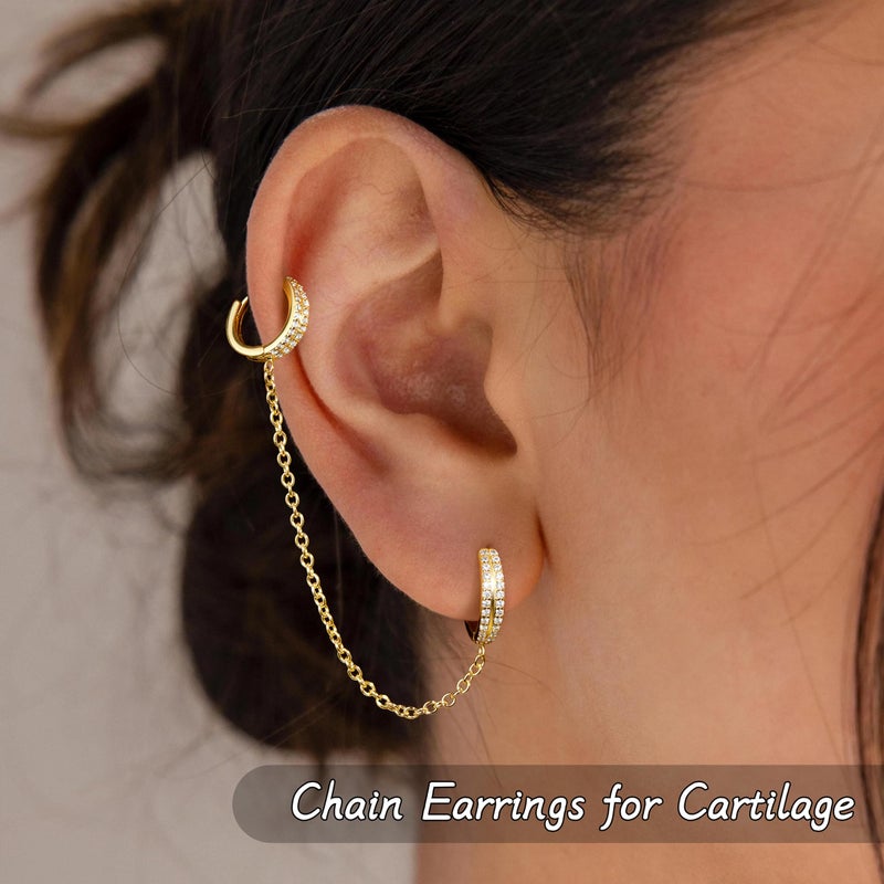 Poxtex Gold Chain Huggie Hoop Earrings for Women, Double Piercing Hoop Stud Dangle Chain Earring, Dainty Small Long Jewelry Set Fashion Gifts for Women - Image 3