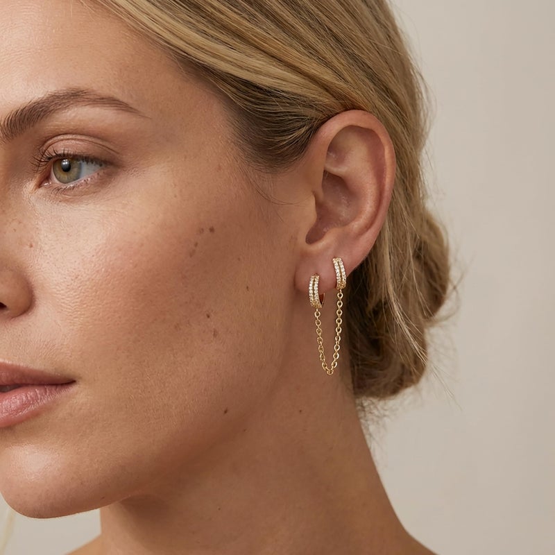 Poxtex Gold Chain Huggie Hoop Earrings for Women, Double Piercing Hoop Stud Dangle Chain Earring, Dainty Small Long Jewelry Set Fashion Gifts for Women - Image 5