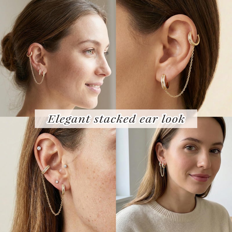 Poxtex Gold Chain Huggie Hoop Earrings for Women, Double Piercing Hoop Stud Dangle Chain Earring, Dainty Small Long Jewelry Set Fashion Gifts for Women - Image 4