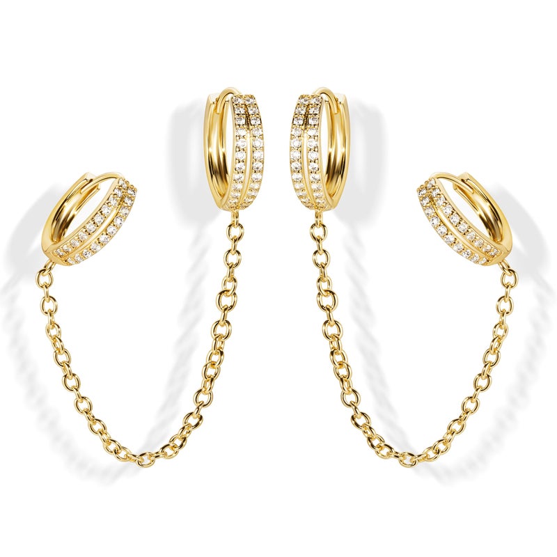 Poxtex Gold Chain Huggie Hoop Earrings for Women, Double Piercing Hoop Stud Dangle Chain Earring, Dainty Small Long Jewelry Set Fashion Gifts for Women - Image 1