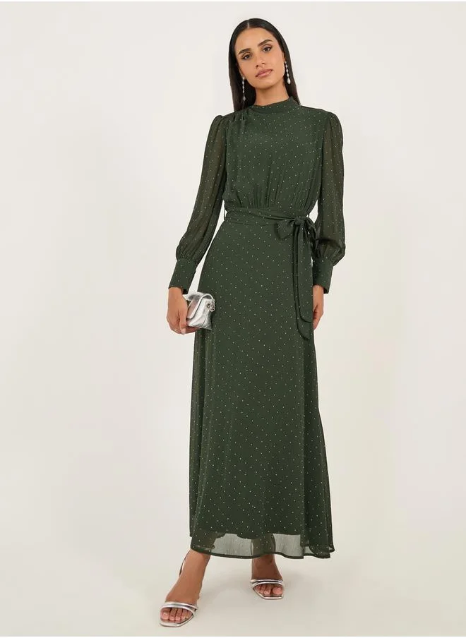 Styli Embellished Balloon Sleeves A-Line Maxi Dress with Tie Up