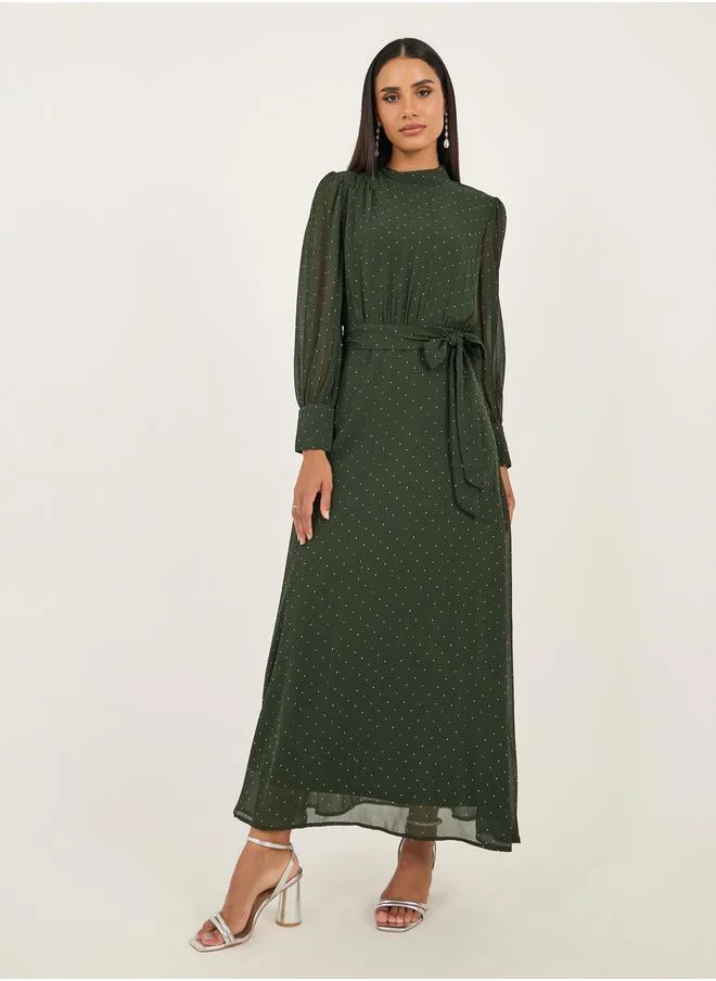 Styli Embellished Balloon Sleeves A-Line Maxi Dress with Tie Up