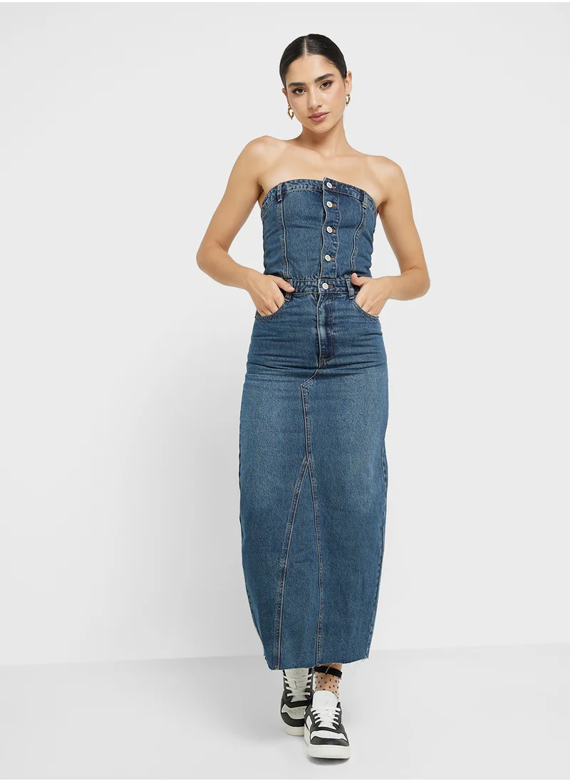 Ginger Bandeau Denim Button Up Maxi Dress