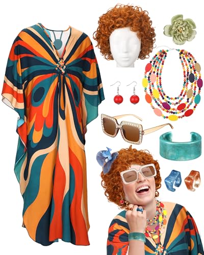 Velmitten Landlady Costume Including Caftan Dress Curly Wig Necklace Earring Sunglasses Rings Hair Clip for Halloween Cosplay Art Deco Waves - Image 1