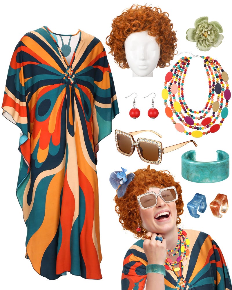 Velmitten Landlady Costume Including Caftan Dress Curly Wig Necklace Earring Sunglasses Rings Hair Clip for Halloween Cosplay Art Deco Waves - Image 2