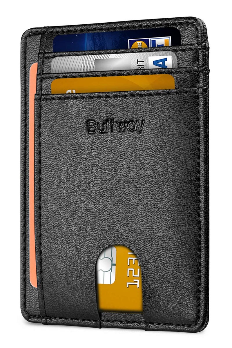 Buffway محفظة جلدية رفيعة وعصرية مع حماية RFID للرجال والنساء - أسود رملي - Image 1