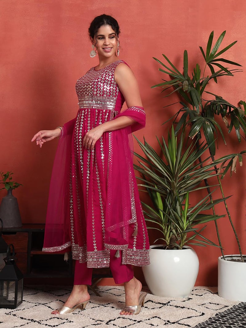 SHOPPING QUEEN Women's Georgette Sequins Kurta, Pyjama & Dupatta Set (A589_Ruby Pink_XL) - Image 3