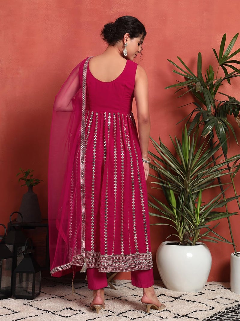 SHOPPING QUEEN Women's Georgette Sequins Kurta, Pyjama & Dupatta Set (A589_Ruby Pink_XL) - Image 2