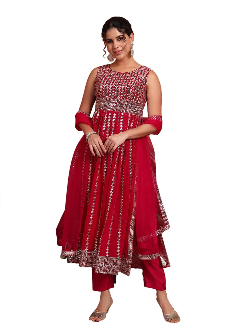 SHOPPING QUEEN Women's Georgette Sequins Kurta, Pyjama & Dupatta Set (A589_Ruby Pink_XL) - Image 1