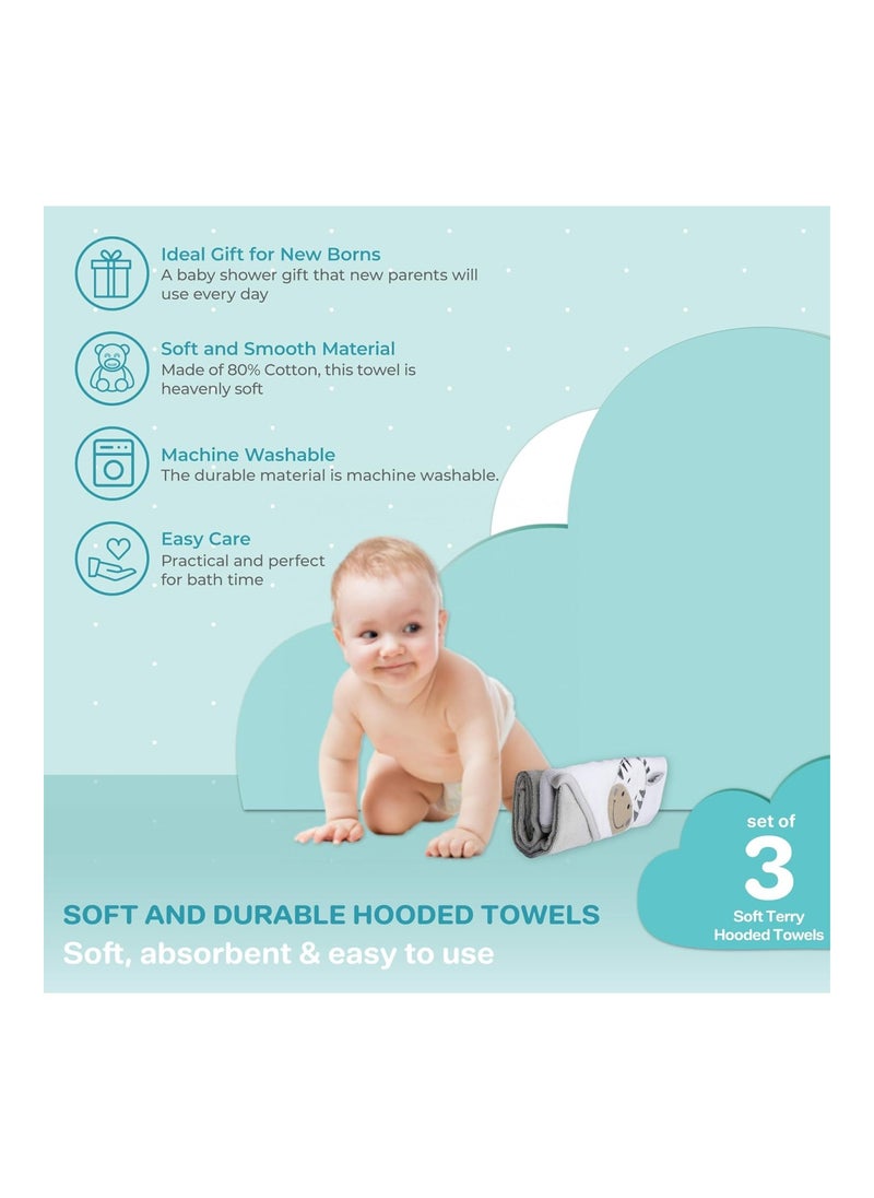 Spasilk Baby 3 Pack Soft Terry Hooded Towel Set For Newborn Boys And Girls, Grey Zebra  - Image 4