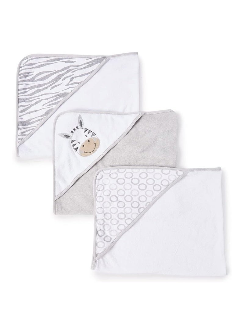 Spasilk Baby 3 Pack Soft Terry Hooded Towel Set For Newborn Boys And Girls, Grey Zebra  - Image 1