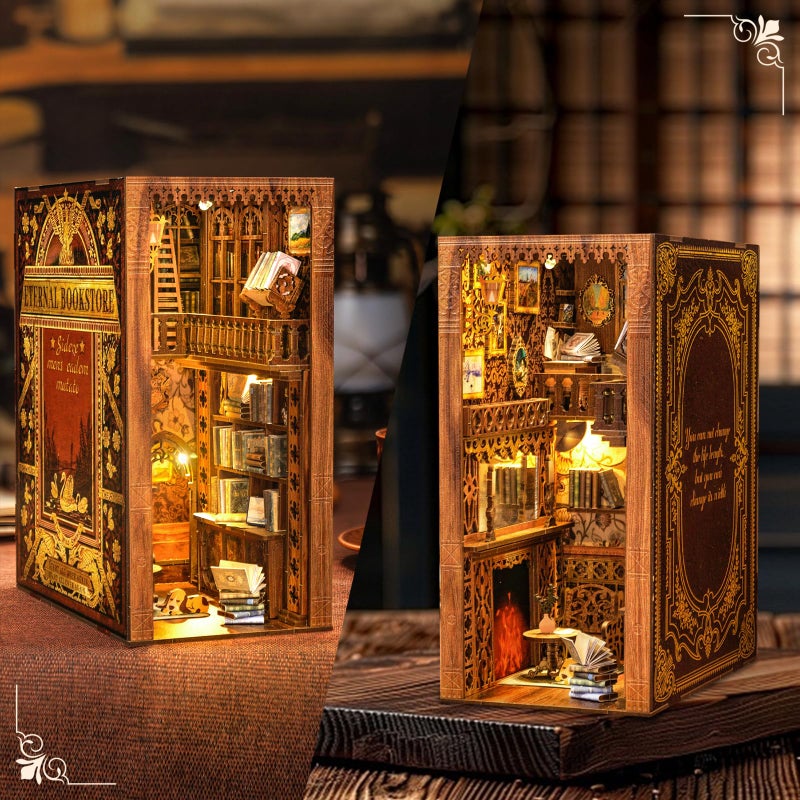 Cutefun Book Nook Kit, DIY Miniature House Kit for Adults, 3D Wooden Puzzle Bookend Bookshelf Insert Decor with LED Light and Dust Cover, Booknook Gifts for Book Lovers (Eternal Bookstore) - Image 2