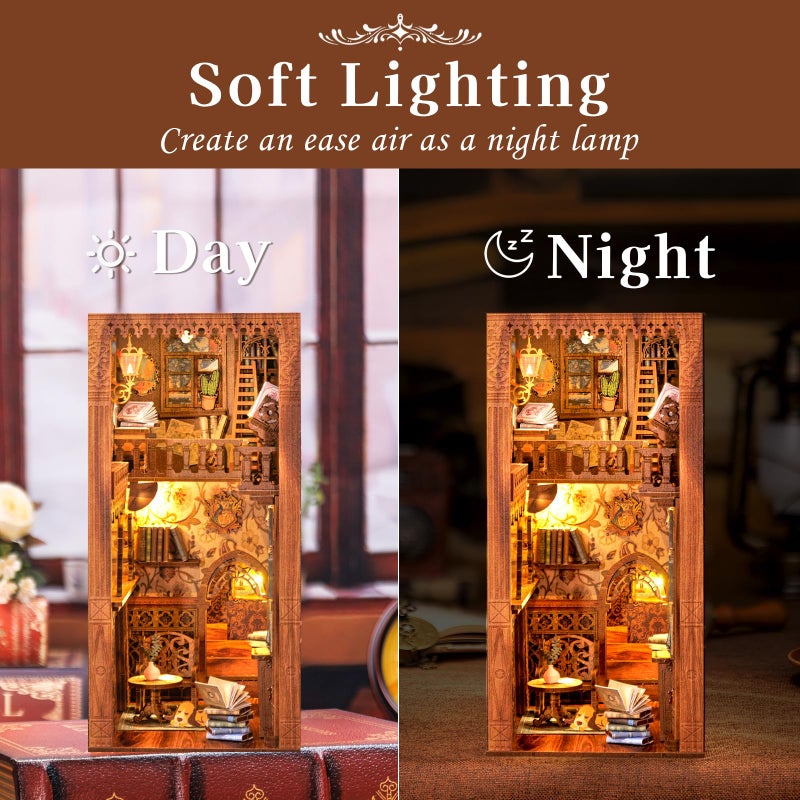 Cutefun Book Nook Kit, DIY Miniature House Kit for Adults, 3D Wooden Puzzle Bookend Bookshelf Insert Decor with LED Light and Dust Cover, Booknook Gifts for Book Lovers (Eternal Bookstore) - Image 4