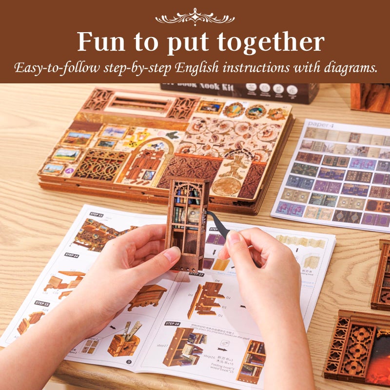 Cutefun Book Nook Kit, DIY Miniature House Kit for Adults, 3D Wooden Puzzle Bookend Bookshelf Insert Decor with LED Light and Dust Cover, Booknook Gifts for Book Lovers (Eternal Bookstore) - Image 5
