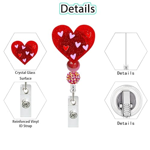 WULIUFLY Valentine's Day Heart Badge Reel with Alligator Clip Non-Slip Cute Romantic Red Heart Badge Reel Retractable Valentine's ID Badge Holder Heart Beaded ID Holder for Nurse Doctor Teacher Student Worker - Image 2