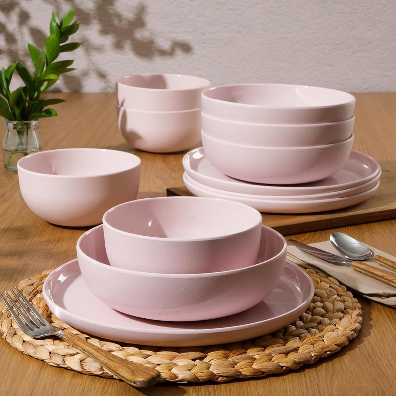 Gibson Home Candy Skies 12 Piece Unbreakable Wheat Straw Melamine Plates and Bowls Dinnerware Set  Outdoor Camping  Everyday Use  Matte ExteriorShiny Interior Pink - Image 4
