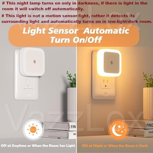VazzLox Night Lamp for Bedroom 2PCS Smart Sensor Automatic ON/OFF Dim LED Light Energy Saving 0.5W Night Light Long Life Plug in Bed Lamps for Bedroom Lights for Hallway Stairs Kitchen Bathroom (Warm) - Image 2