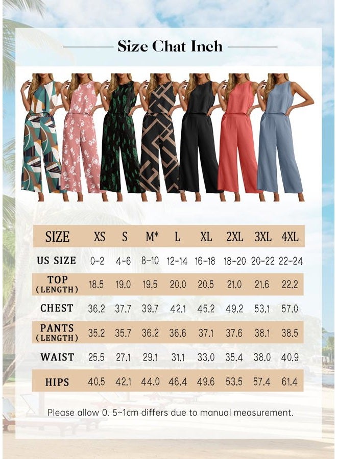 IWOLLENCE Women's Summer 2 Piece Outfits Set Round neck Sleeveless Tank Crop Top Wide Leg pants Set Pockets Jumpsuits, B White Maple, M - Image 5
