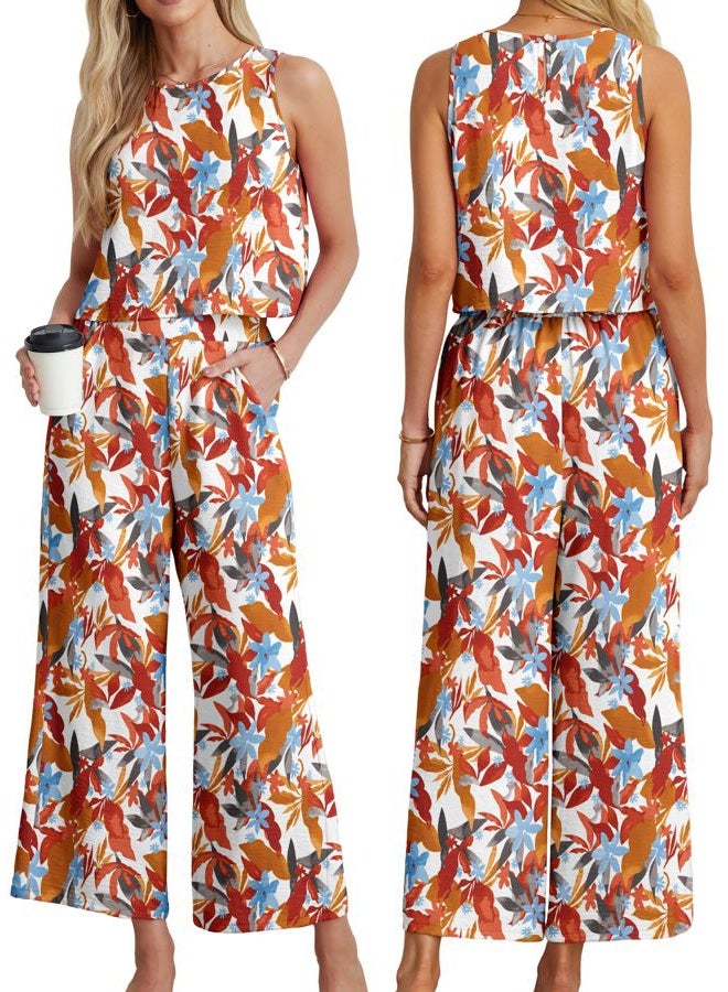 IWOLLENCE Women's Summer 2 Piece Outfits Set Round neck Sleeveless Tank Crop Top Wide Leg pants Set Pockets Jumpsuits, B White Maple, M - Image 4