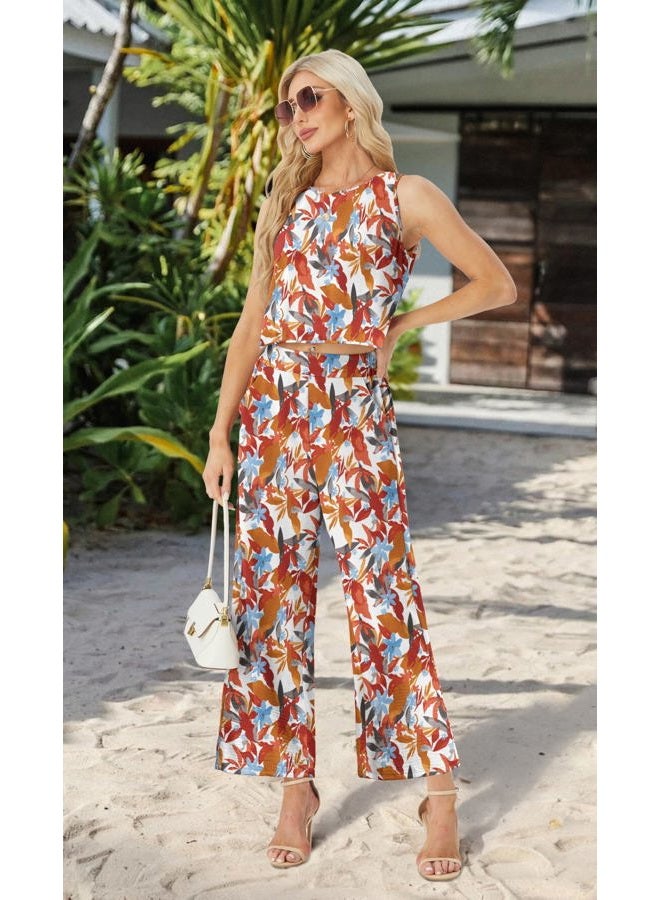 IWOLLENCE Women's Summer 2 Piece Outfits Set Round neck Sleeveless Tank Crop Top Wide Leg pants Set Pockets Jumpsuits, B White Maple, M - Image 3