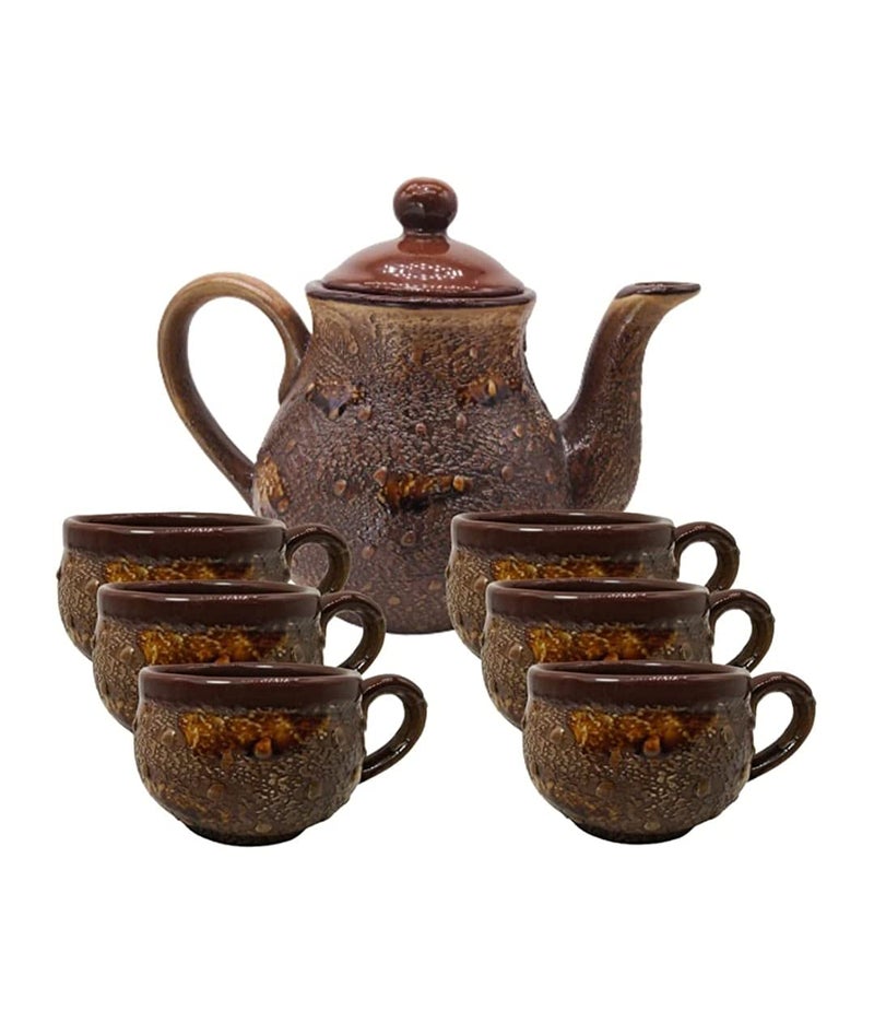 Caffeine Ceramic Handmade Brown Glossy Tea Set (7 pcs) - Image 1