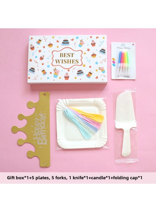 Birthday Dinner Plate Cake Tableware Food Grade Plastic Dinner Plate Disposable Paper Plate Candle Wet Wipes Four-in-one-Color:Classic Five-served Paper Plate Colorful Fork - Image 1