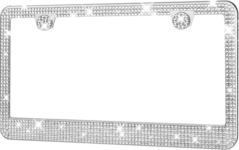 HOTOR License Plate Frame Lastingly Bling and Sparkly License Plate Frame for Women Stainless Steel ObstructionFree Frame with Multifaceted RhinestonesWhite 1 Pack