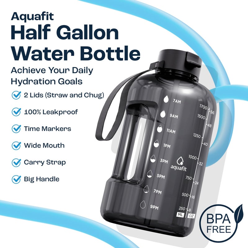 AQUAFIT 64 oz Water Bottle with Time Marker - Straw & Chug Lid - BPA Free Half Gallon Gym Water Bottle with Handle - Big Gallon Jug (Gun Gray, 64 Ounces) - Image 2
