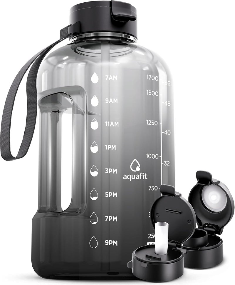 AQUAFIT 64 oz Water Bottle with Time Marker - Straw & Chug Lid - BPA Free Half Gallon Gym Water Bottle with Handle - Big Gallon Jug (Gun Gray, 64 Ounces) - Image 1