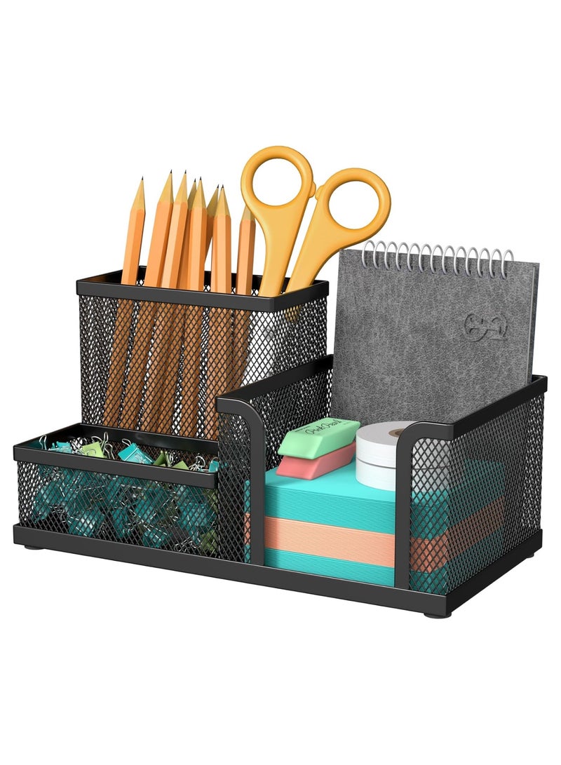 3IN1 Pen Holder for Desk - Black Metal Mesh Pencil Holder with 3 Compartments, Desktop Organizer with Non-Slip Mats, Office Supplies Organizer for School, Home & Workspace - Image 1