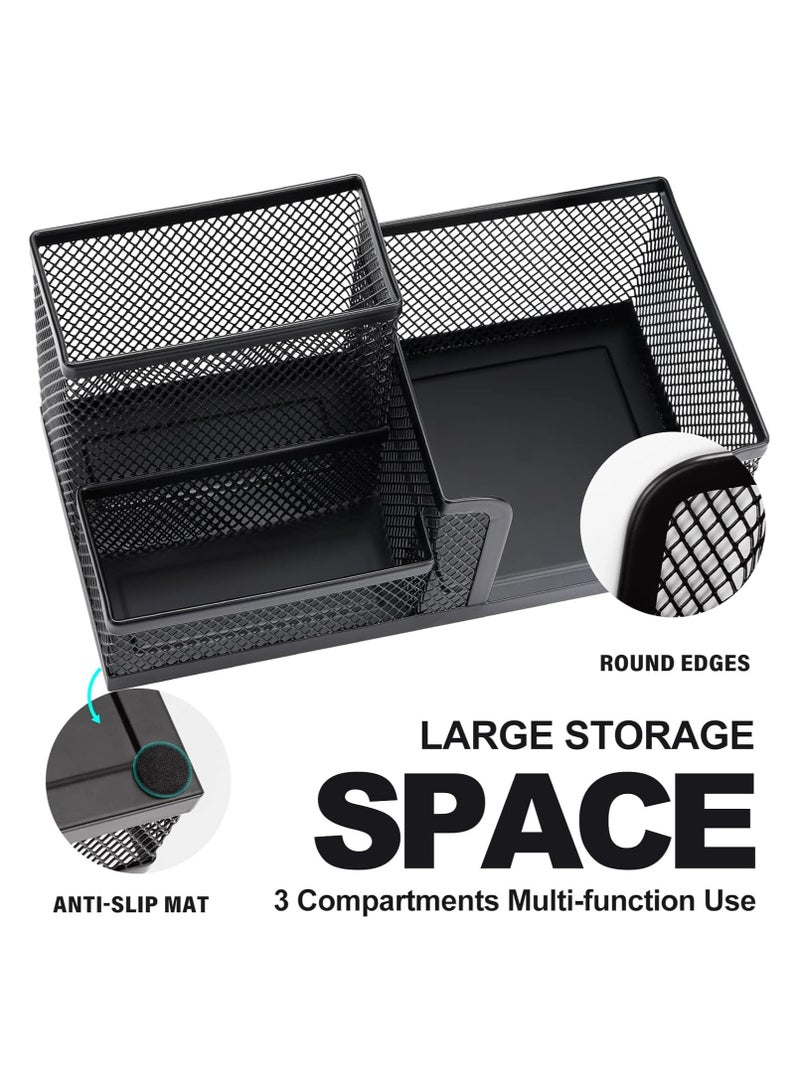 3IN1 Pen Holder for Desk - Black Metal Mesh Pencil Holder with 3 Compartments, Desktop Organizer with Non-Slip Mats, Office Supplies Organizer for School, Home & Workspace - Image 3