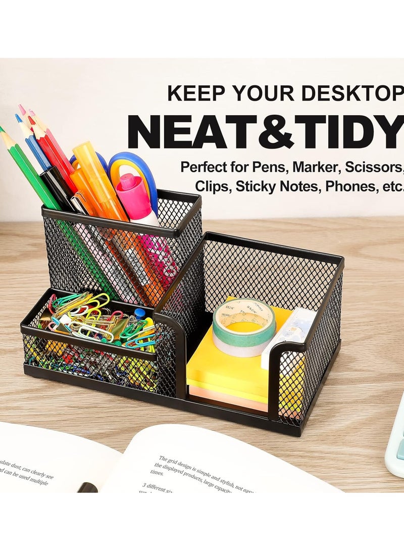 3IN1 Pen Holder for Desk - Black Metal Mesh Pencil Holder with 3 Compartments, Desktop Organizer with Non-Slip Mats, Office Supplies Organizer for School, Home & Workspace - Image 5