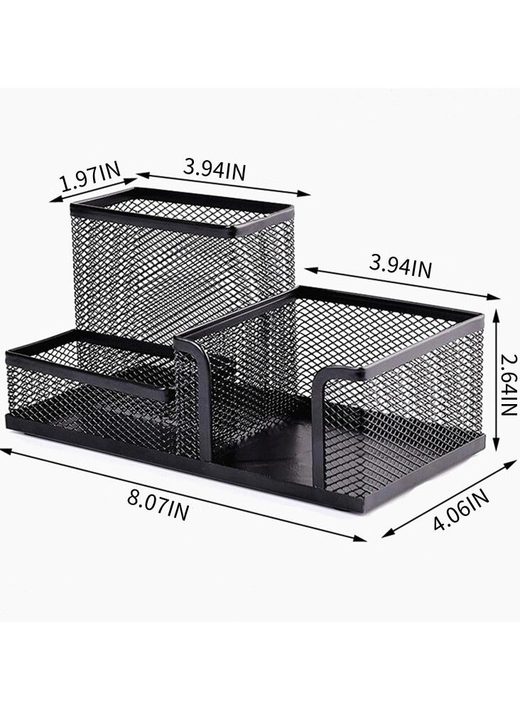 3IN1 Pen Holder for Desk - Black Metal Mesh Pencil Holder with 3 Compartments, Desktop Organizer with Non-Slip Mats, Office Supplies Organizer for School, Home & Workspace - Image 2