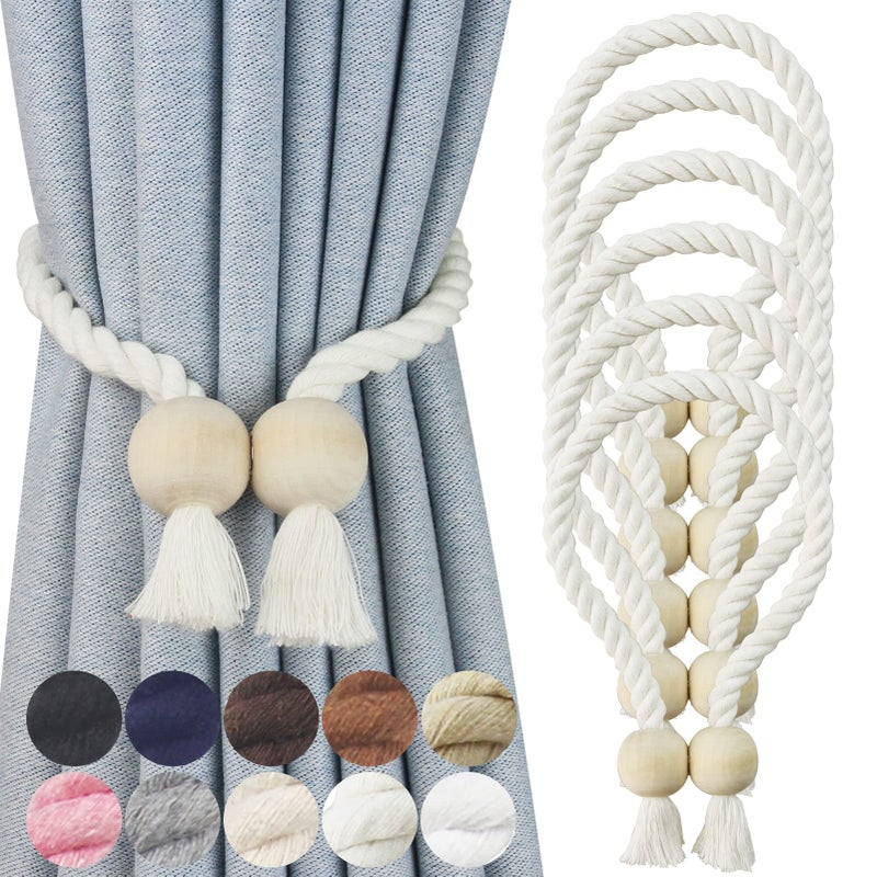 Nieffeiy 6 Pack Magnetic Curtain Tiebacks Cotton Hand Woven Tie Back Decorative Rope Holdbacks for Curtains Draperies No Tools Required Cream