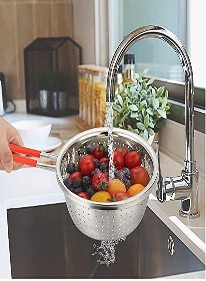 Contiup Stainless Steel Perforated Metal Colander Strainer with Long Red Handle Sieve Sifters Use for Kitchen Food Pasta Noodles Spaghetti Vegetables Silver - 7.9inch - Image 3
