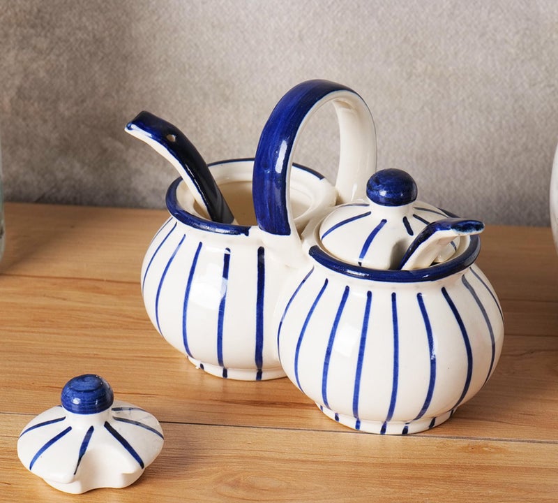 Niyara Multipurpose Storage Ceramic Pickle set Jars & with Lid & tray (Set of 2, 300 ML) (Blue line design) - Image 2