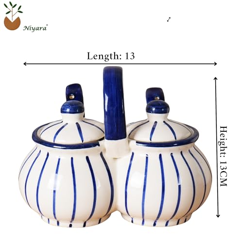 Niyara Multipurpose Storage Ceramic Pickle set Jars & with Lid & tray (Set of 2, 300 ML) (Blue line design) - Image 5