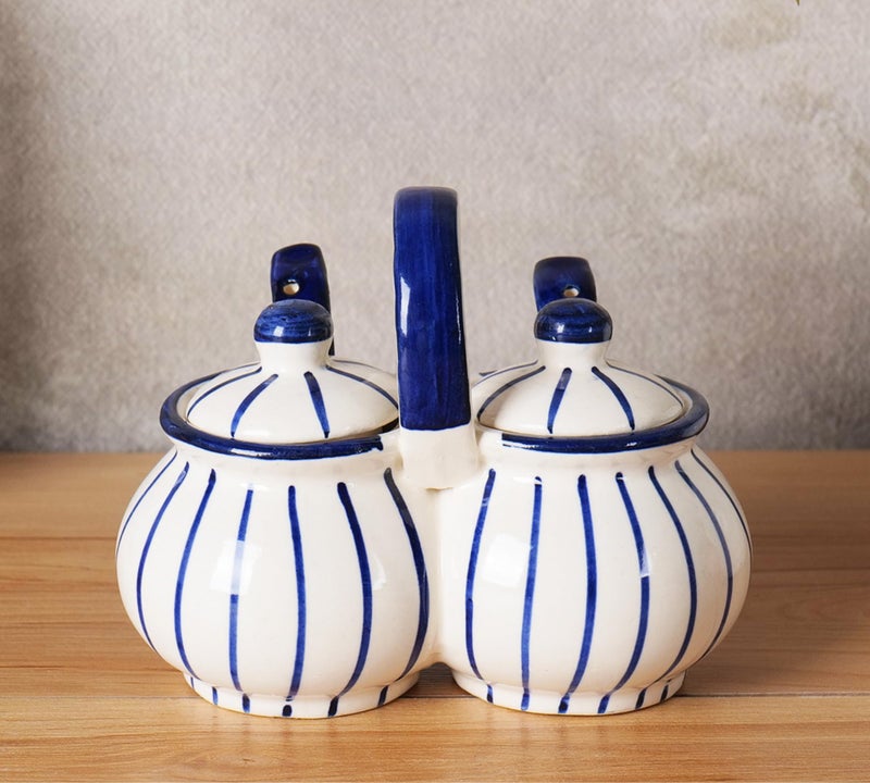 Niyara Multipurpose Storage Ceramic Pickle set Jars & with Lid & tray (Set of 2, 300 ML) (Blue line design) - Image 3