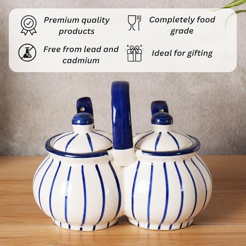 Niyara Multipurpose Storage Ceramic Pickle set Jars & with Lid & tray (Set of 2, 300 ML) (Blue line design) - Image 4