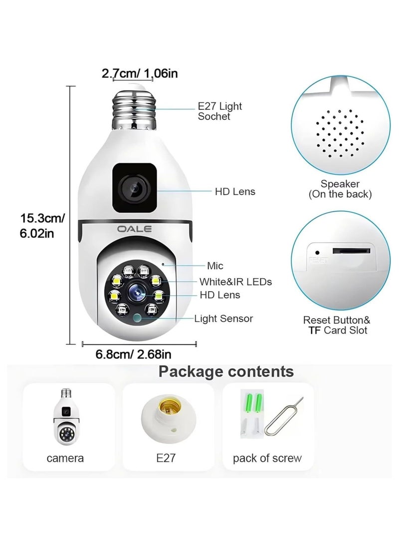 Oale I Home 02+ Smart LED Bulb Security Camera 2K/1080P, 360° Dual Lens WiFi CCTV Camera with Full-Color Night Vision, Motion Detection, Auto Tracking, Two-Way Audio, Panoramic View & E27 Installation, Indoor/Outdoor, White - Image 2