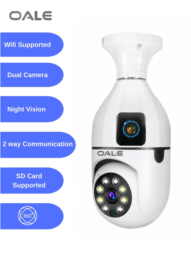Oale I Home 02+ Smart LED Bulb Security Camera 2K/1080P, 360° Dual Lens WiFi CCTV Camera with Full-Color Night Vision, Motion Detection, Auto Tracking, Two-Way Audio, Panoramic View & E27 Installation, Indoor/Outdoor, White - Image 1
