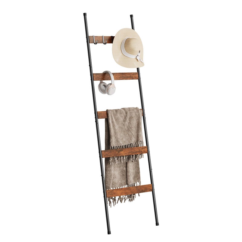ELYKEN Blanket Ladder for Living Room, Farmhouse 5-Tier Quilt Holder with 4 Removable Hooks for Bathroom, Wood Towel Rack Display, Wall Anchor Leaning Decorative Stand for Home, Rustic Brown - Image 1